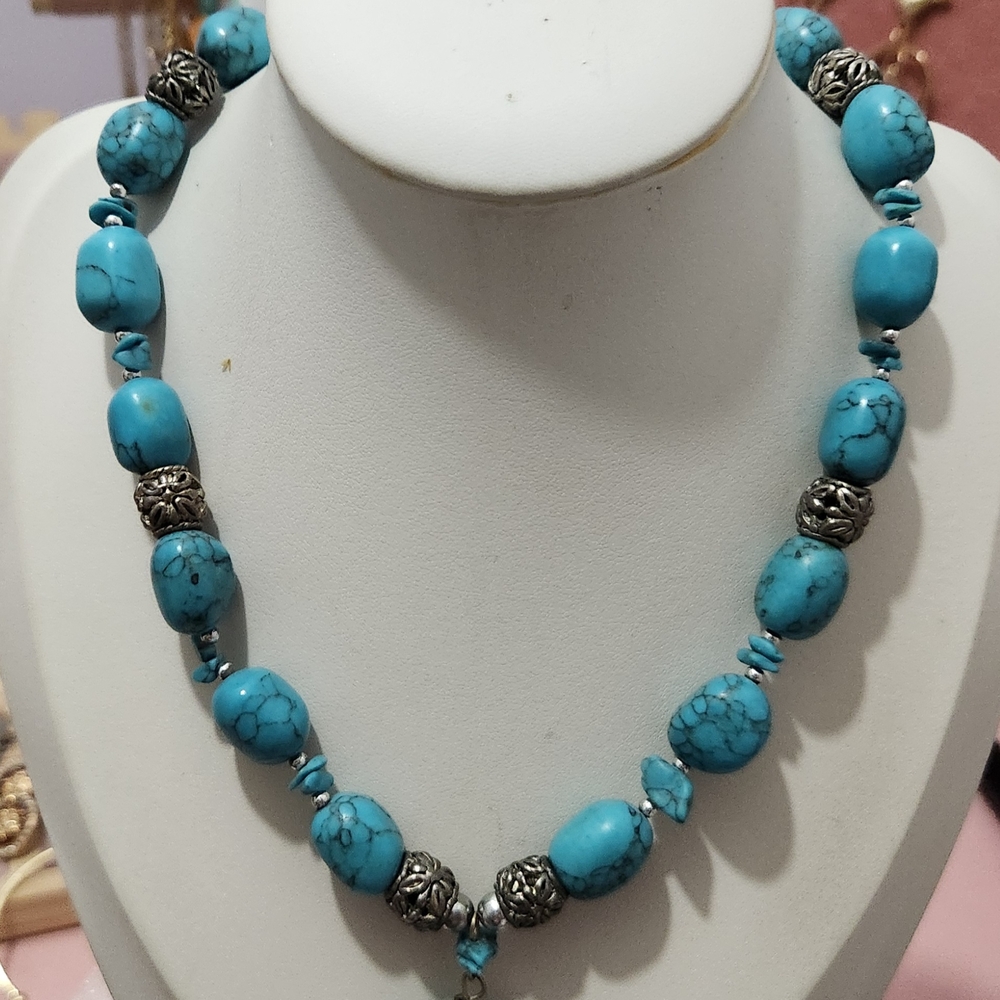 VINTAGE Turquoise Beaded Necklace Sterling Silver - Picture 7 of 7